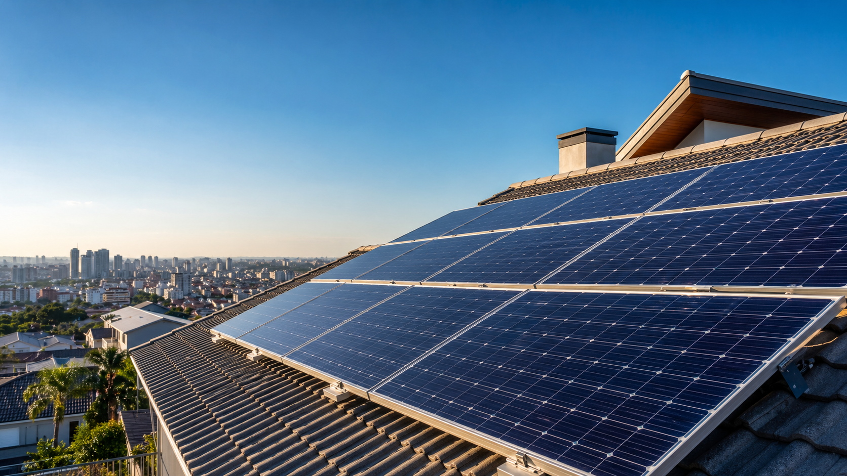 Sistema de energia solar instalado em telhado residencial